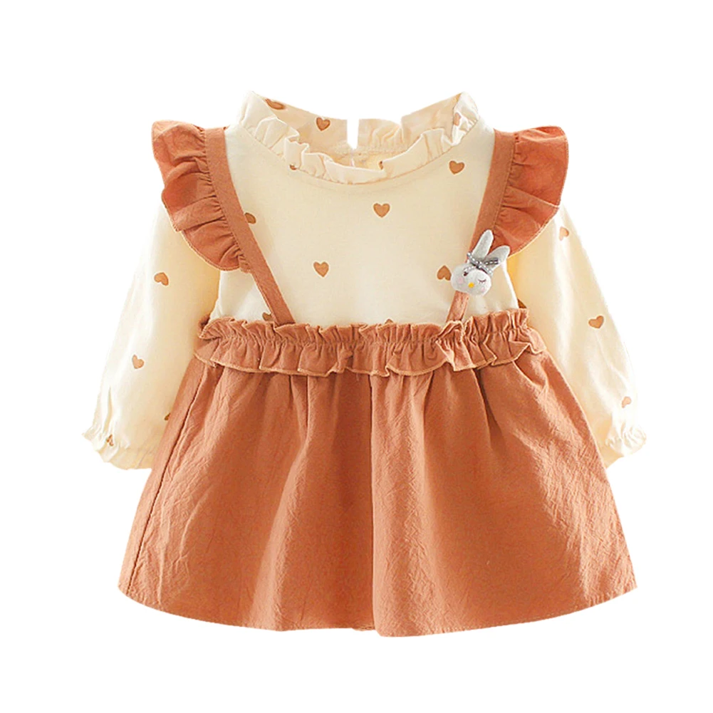 

Autumn Children Dress O-neck Splicing Frill Dresses Heart Print Girls Dresses