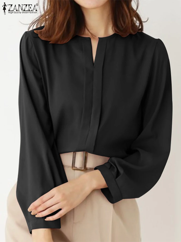 

2023 ZANZEA Autumn Long Sleeve V-Neck Solid Color Shirt Women Pleated Blouse Femme Fashion Casual Elegant Vintage Office OL Tops