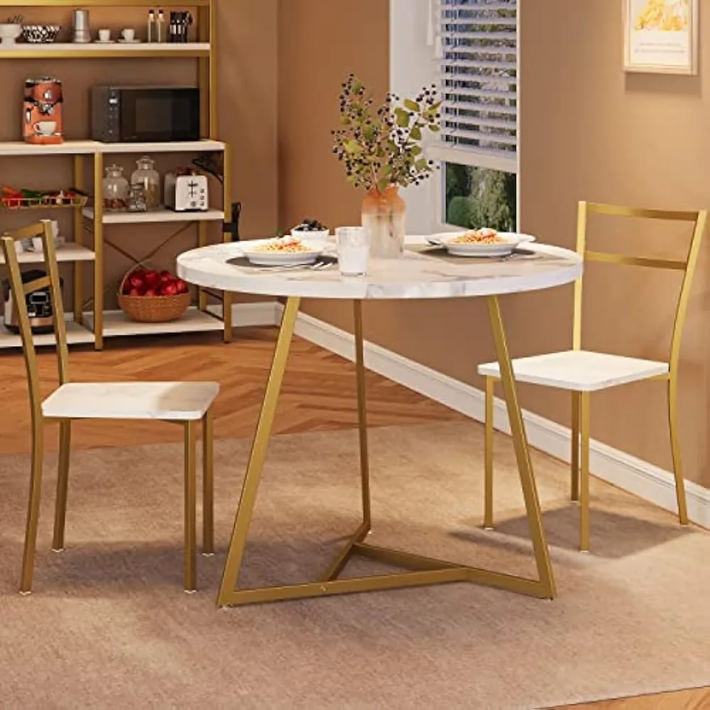 

Kitchen Round Dining Table Set, Small Space 3-piece Dining Table, Apartment, Studio, Marble Platinum