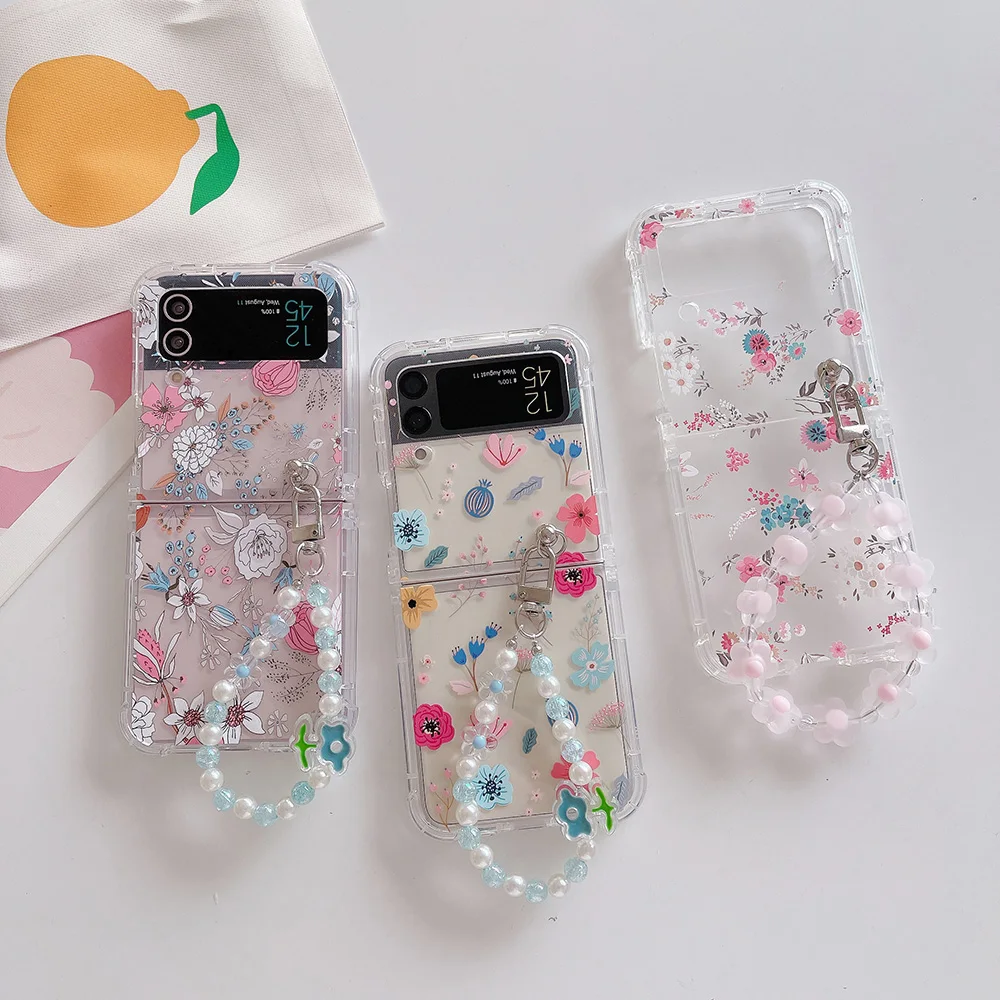 

For Samsung Z Flip 3 Soft Silicone Shockproof Cover For Samsung Galaxy Z Flip 4 Case Flower Bracelet Transparent Folding Cases