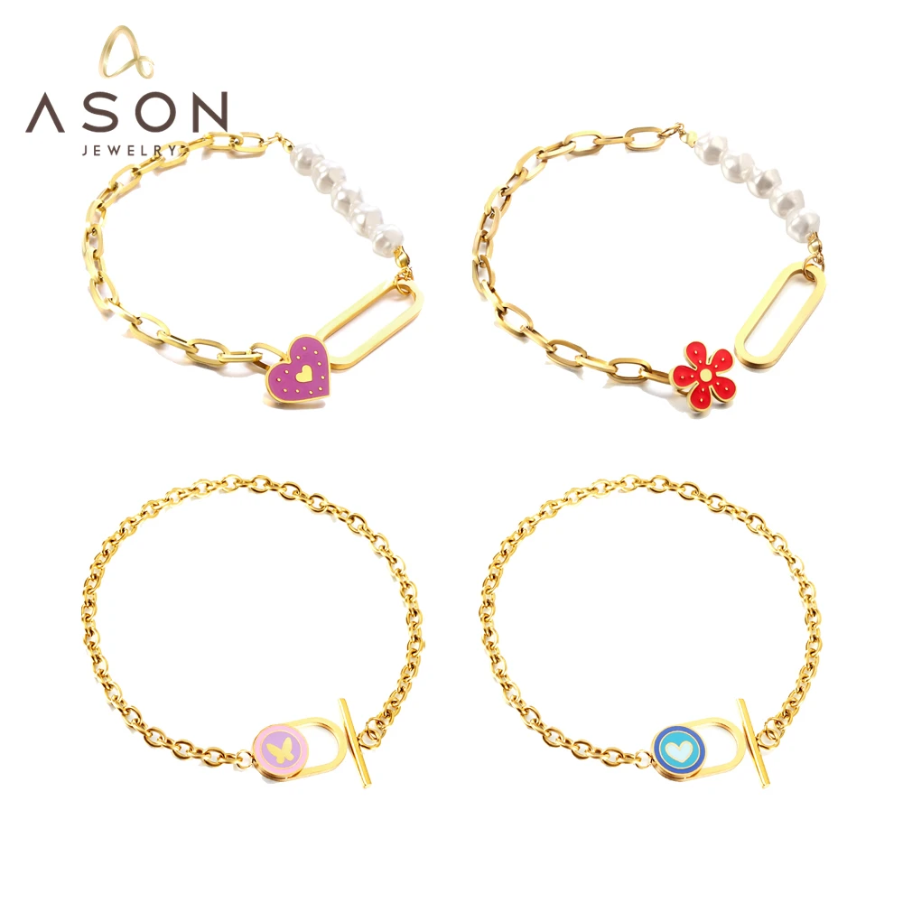 

ASONSTEEL Imitation Pearl Heart Shape Clasp Aceessories Chain Bracelets For Women Gold Color Stainless Steel Jewelry Bangle 2023