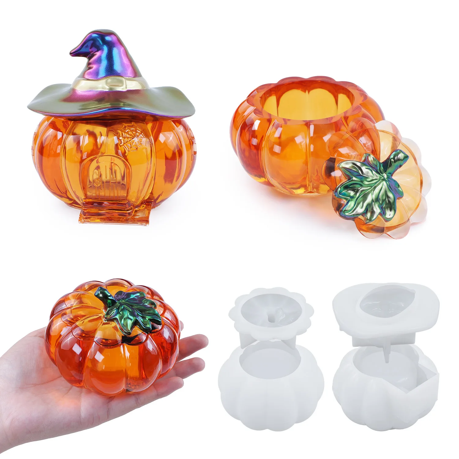 

Halloween Pumpkin Storage Box With Cover Crystal Epoxy Silicone Mold DIY Candy Cookie Storage Tank Home Candle Holer Accessories