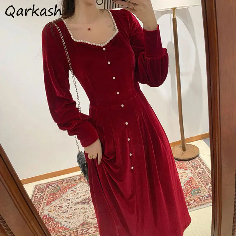 

Dresses Women Tunic French Style Classic Elegant Retro Femme Velvet Midi Wedding Party Casual A-line All-match Chic Temperament