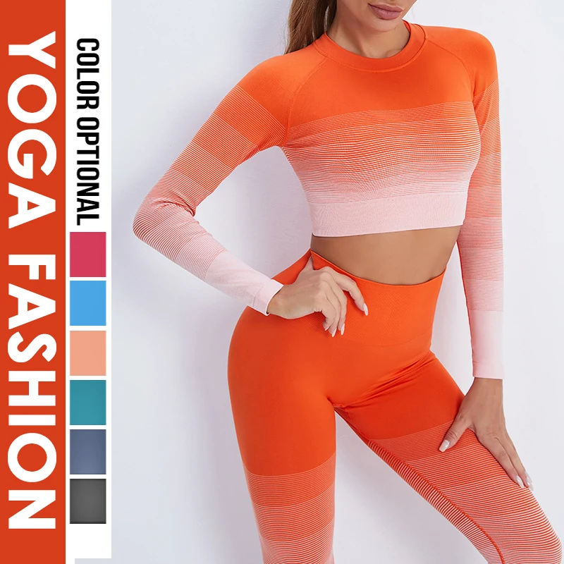 

SKIMS Seamless Yoga Set Gym Fitness Clothing Gradient Women Suit Sportswear Female Workout Leggings Top Sport Clothes Training