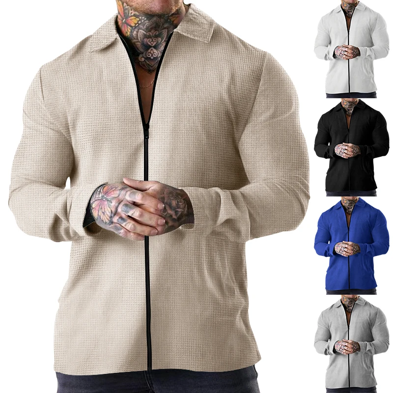 

2023 Cardigan Men's Autumn New Zipper Coat Casual Men's Long Sleeve Polo Collar Waffle Jacket
