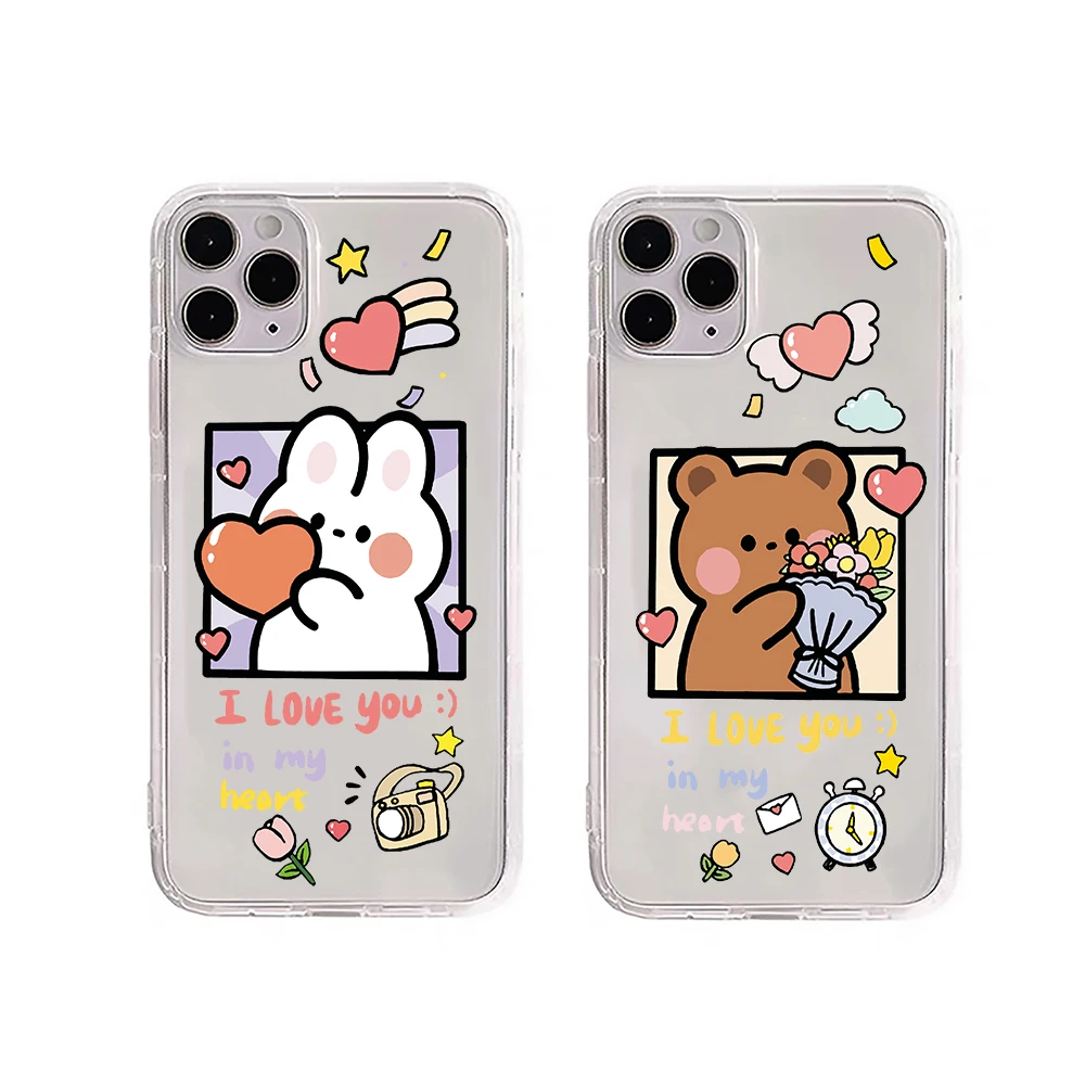 

Чехол для телефона с милым животным медведем кроликом для iPhone11 12 13Pro Max Mini Love Ears Bunny прозрачная защита объектива для iPhone XS XR 7 8Plus