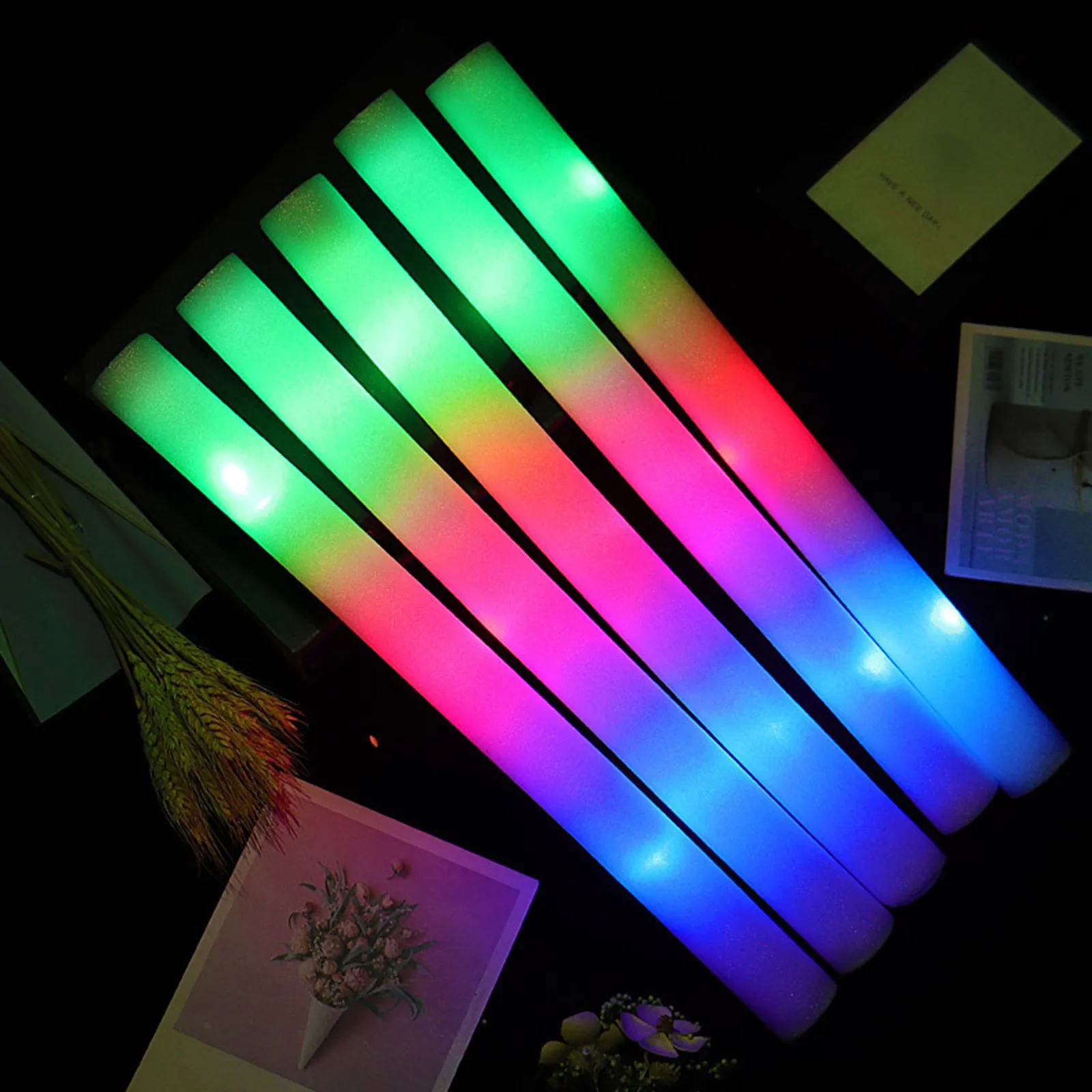 10pcs Glow Sticks for Wedding Birthday Colorful 3 Flashing LED Light Foam Stick LED Party Supplies with 3 Batteries No Logo