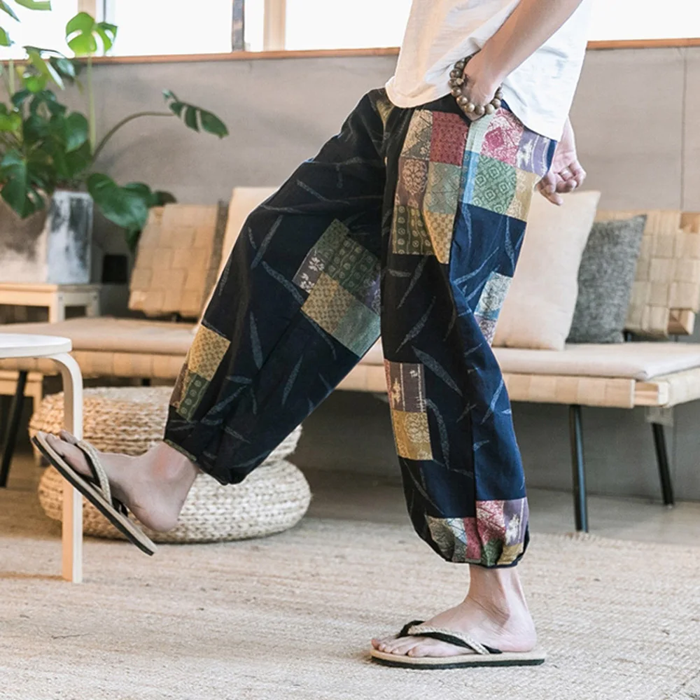

Mens Summer Cotton Linen Printed Loose Fitting Wide-leg Pants Bloomers Trousers Cotton Linen Harem Pants Hip-hop Patchwork Pants
