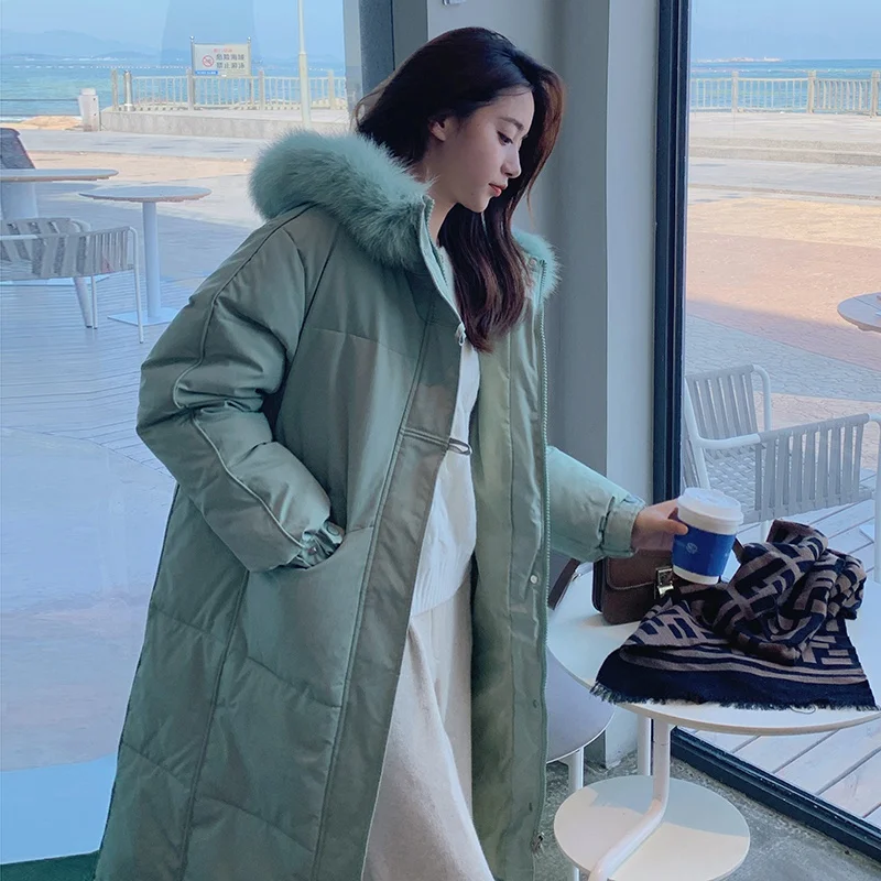 Women Solid Casual Big Fur Collar Hooded Long Loose Thickened Jackets Office Lady Warm Elegant Coats Trench Fashion Thick Jacket