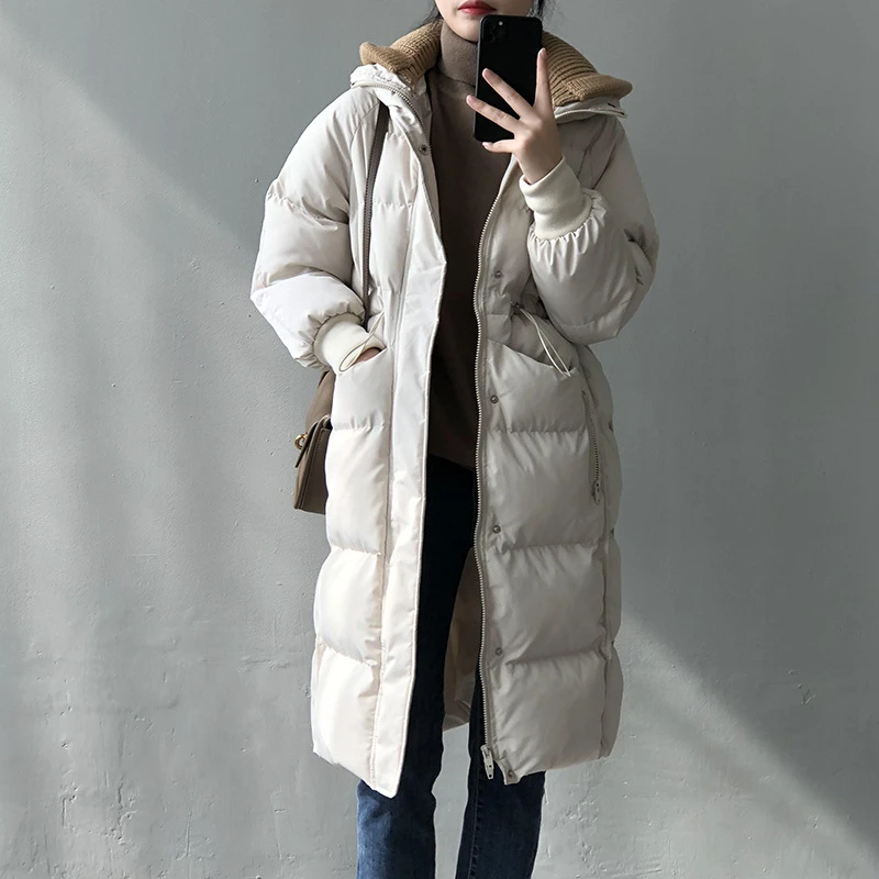

Winter Fashion Loose Elegant Warm Casual Thicken Patchwork Knit Hooded Coat Women Long Sleeve Tops Ladies Long Parka Outerwear
