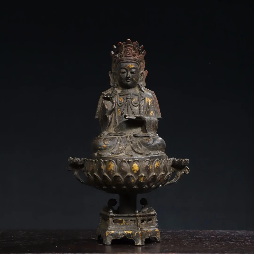 

9"Tibetan Temple Collection Old Bronze Cinnabar Mud gold Guanyin Bodhisattva three floors lotus platform Worship Hall