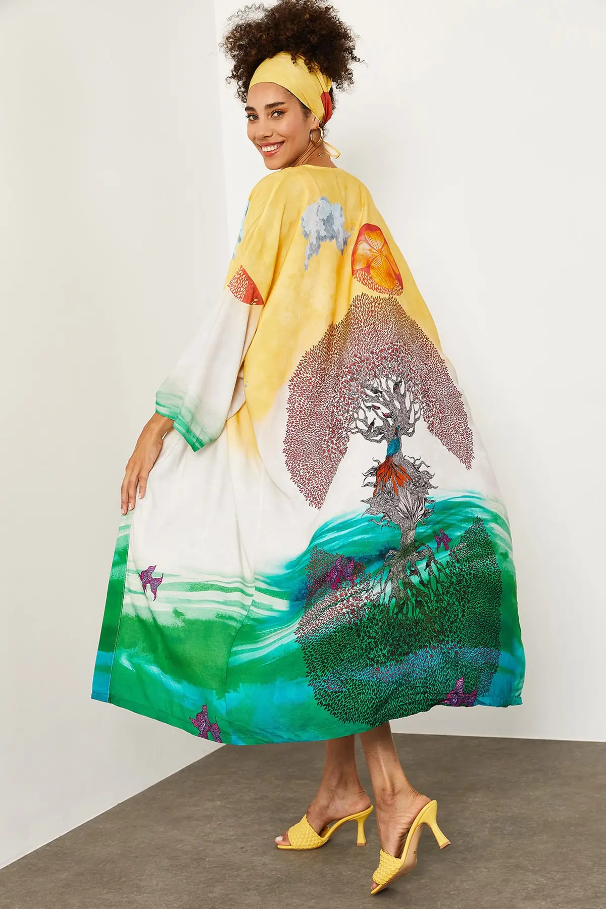 

Women Yellow Printed & Bandanalı Long Kimono, Holiday, Home, Beach, Sea, swimwear Top, Casual, Vivid color, High Quality Natural Print Stylish Design