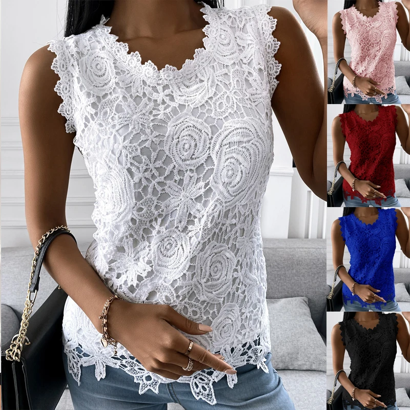 

Vintage Lace Jacquard T-Shirt Women Summer Sleeveless Solid Color Vest Top Ladies Casual O-Neck Camisole Tank Shirts Plus Size