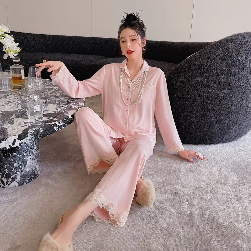 Ice silk new pajamas women's fresh and simple lace striped two-piece pajamas for women