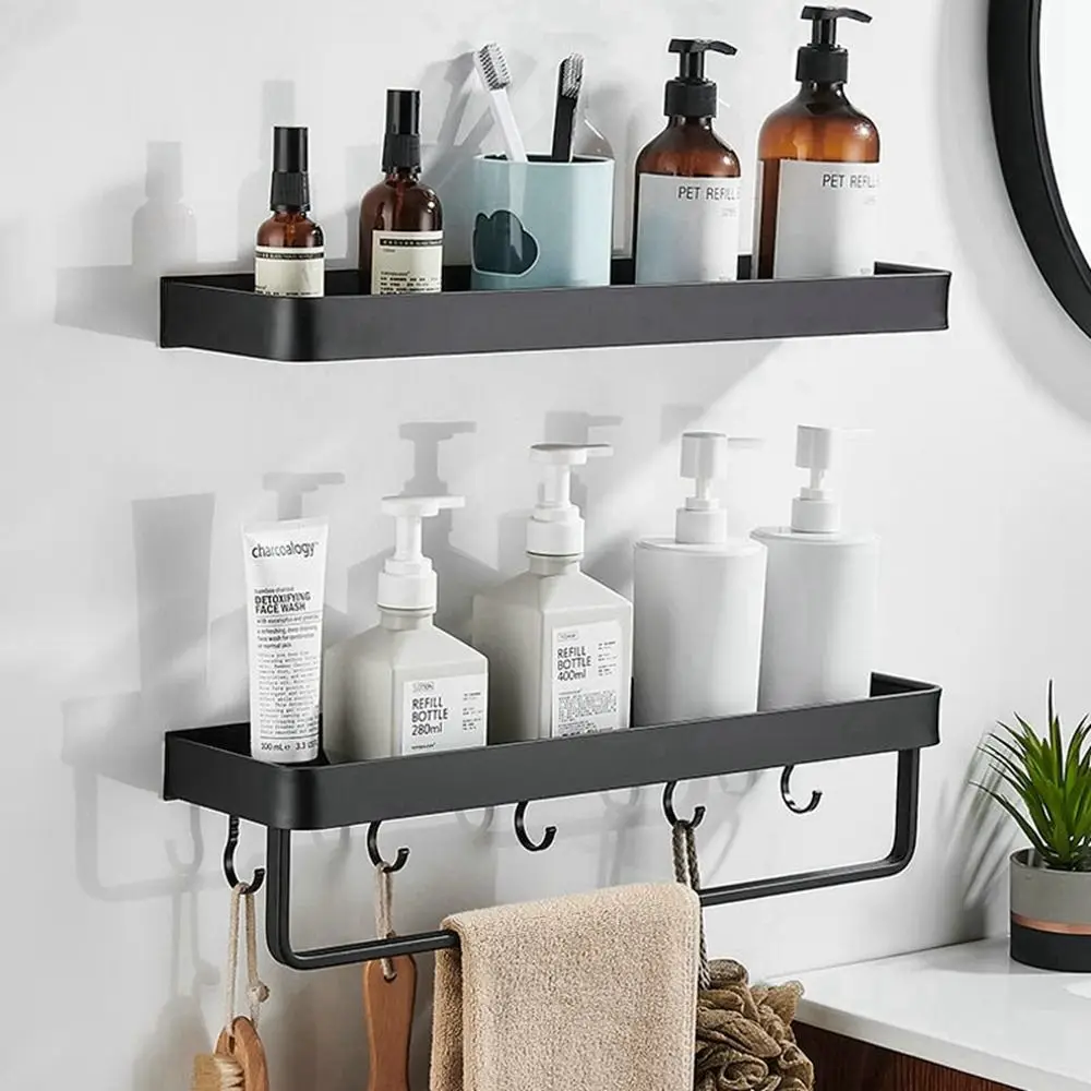 

1Pcs Antirust Waterproof Wall Mounted Bathroom Shelf with Hook Storage Rack Shampoo Holder Towel Rack Kitchen Shelves