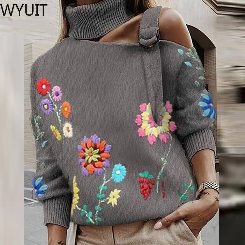 

Women Elegant Flower Embroidery Sweater Casual Loose Long Sleeve Jumper Pullover Fashion Buckle Off Shoulder Turtleneck Sweaters