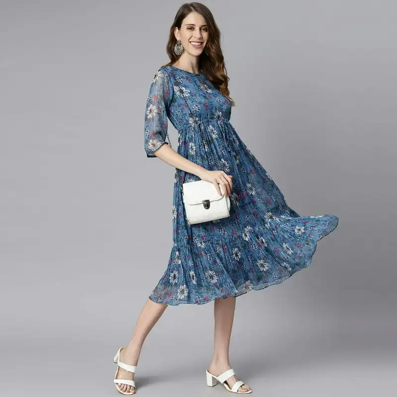 

Boho 3/4th Sleeve Floral Blue Poly Georgette Flared Midi Dress For Women