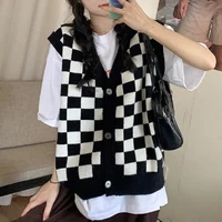deeptown korean style checkerboard knitted sweater vest women v neck oversized plaid preppy fashion sleeveless knitwear jacket