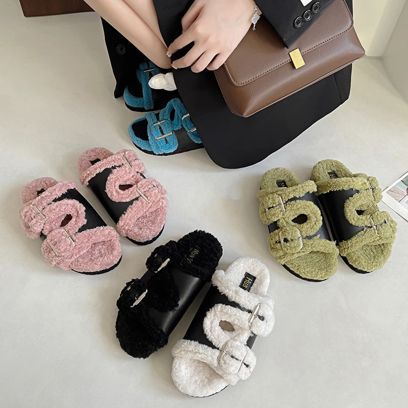 

Female Shoes Womens Slippers Outdoor Platform Fur Flip Flops Med Flock Slides 2022 Plush Flat with fur Rubber Short Shoes Flock