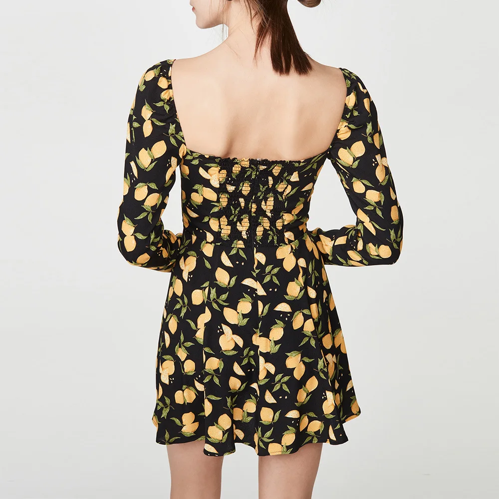 

Женское платье с длинным рукавом, винтажное мини-платье с принтом лимона и квадратным вырезом сзади, весна-лето 2022