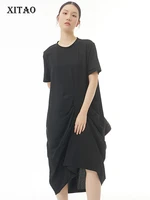 xitao asymmetrical folds t shirt dress loose fashion simplicity casual solid color temperament dress 2022 summer new wmd5341