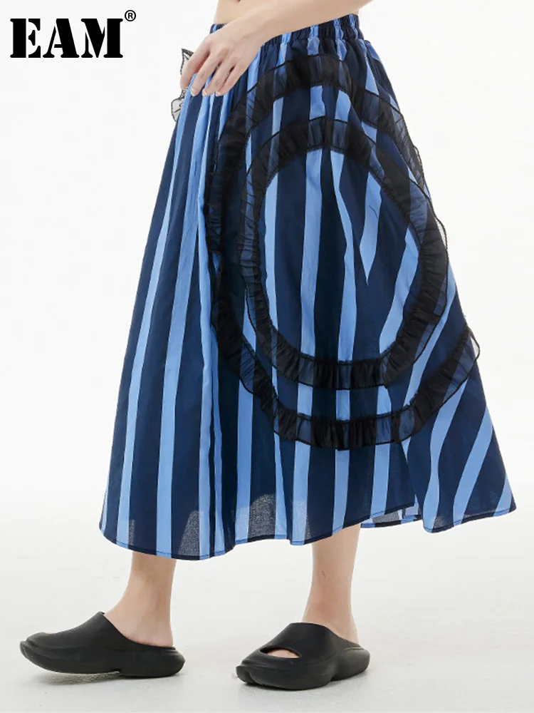 

[EAM] High Elastic Waist Blue Stripped Ruffles Long Casual Half-body Skirt Women Fashion Tide New Spring Autumn 2022 1DE9548