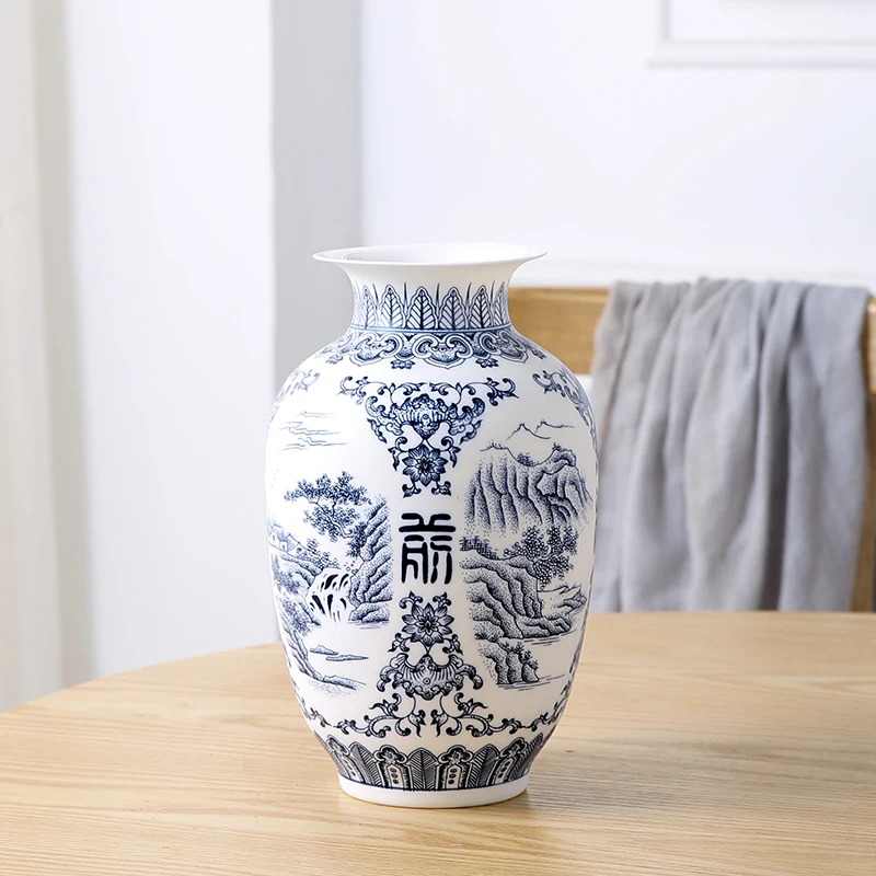 

Jingdezhen Ceramic Vase Retro-ancient Landscape Dumb Blue and White Porcelain Flower Arrangement Small Dry Flower Vase Porcelain