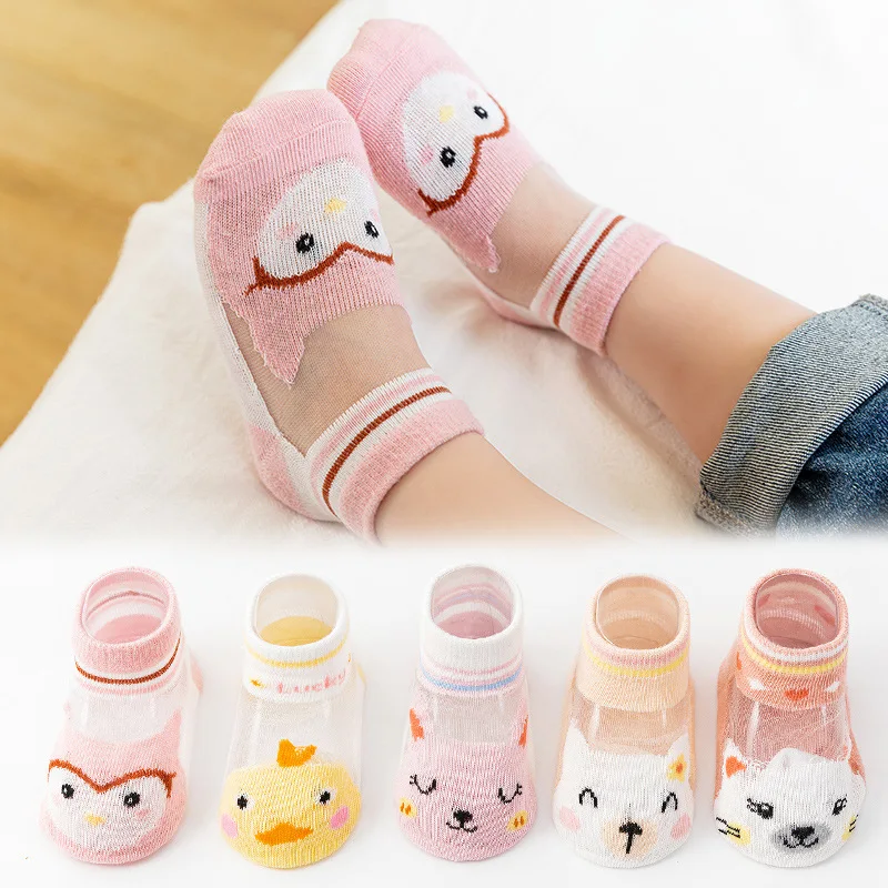 5pairs Summer Spring Teenage Girls Cute Cartoons Transparent Thin Cotton Kids Socks Breathable Animals Knitting Anklets