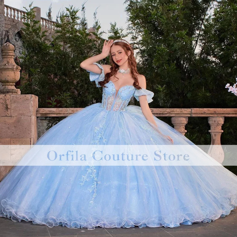 

Light Blue Quinceanera Dresses Vestidos De 15 Años Lace Applique Beading Mexican Girls Sweet 15 Birthday Gowns