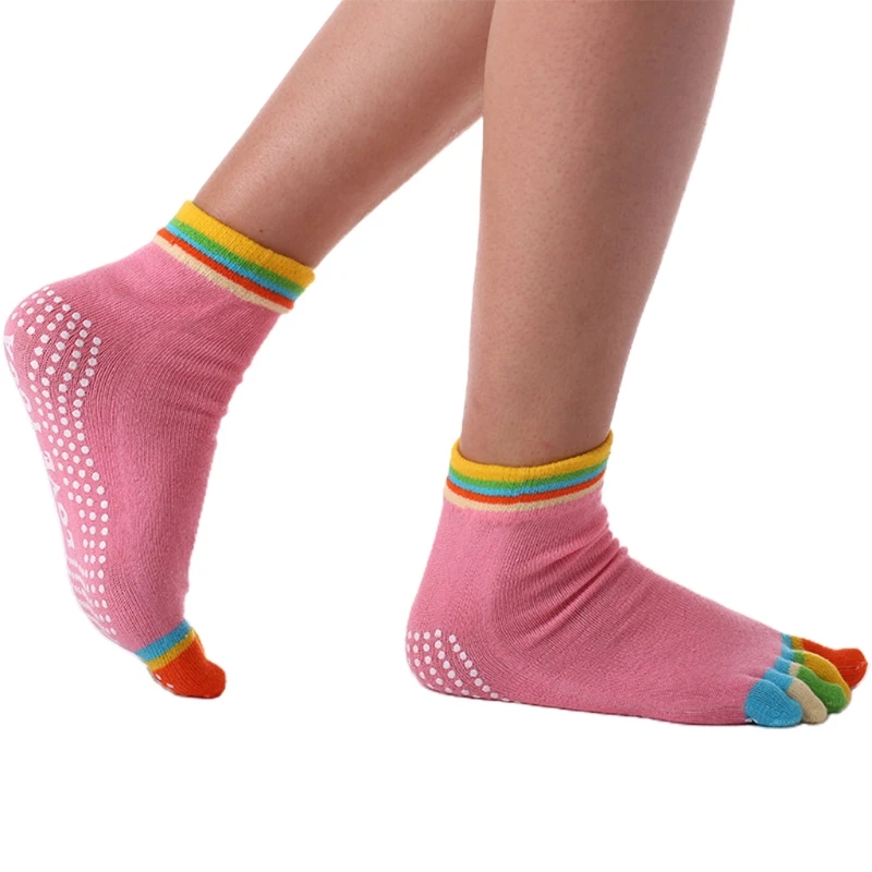 

Women Non-Slip Yoga Socks Rainbow Colorful Five Toe Separator Anti-Sweat Stretchy Hosiery with Silicone Grips for Pilates Barre