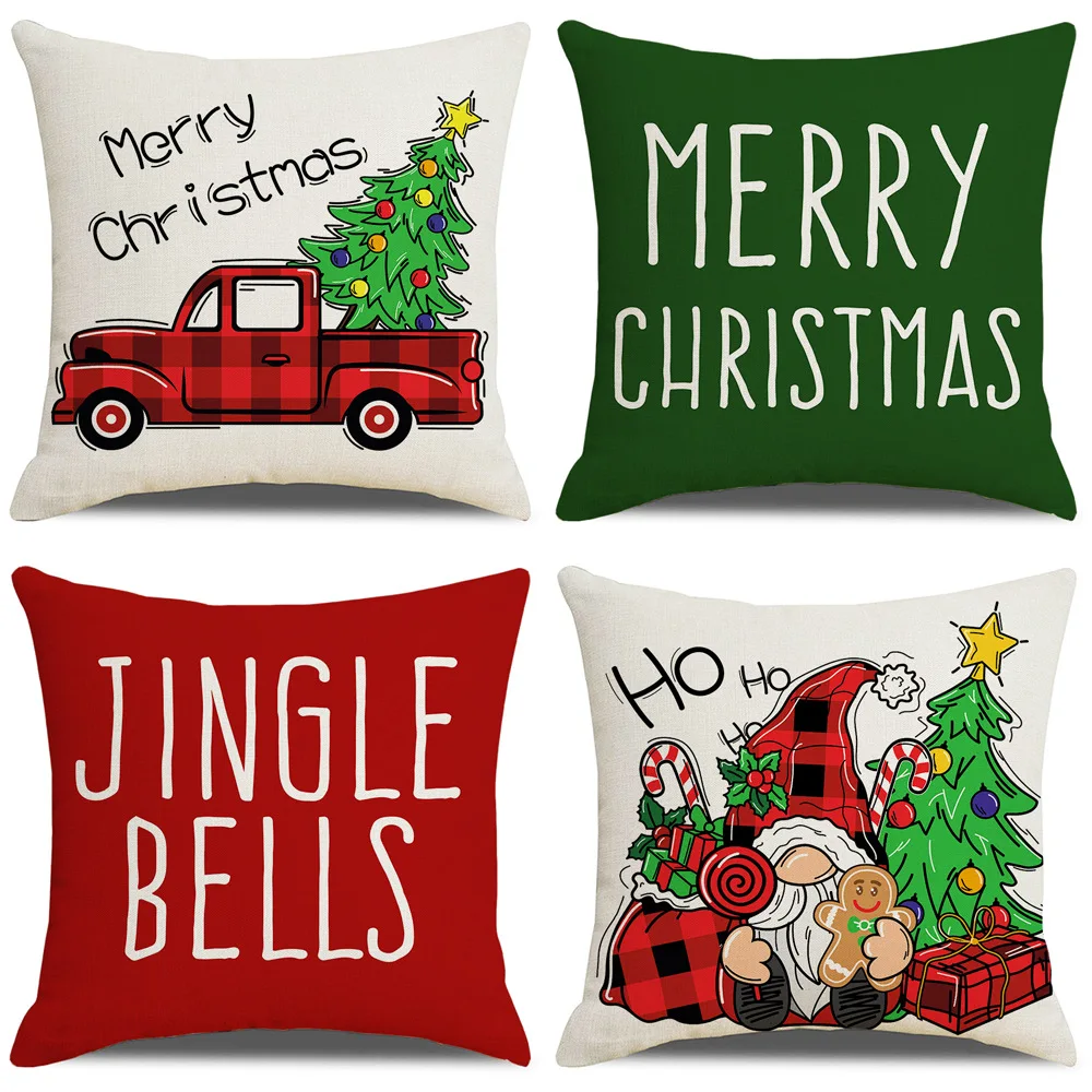 

Merry Christmas Pillow Cover Red Truck Cute Gnome Letters Printed Pillowcase Holiday Party Home Decoration Cushion Cover 45*45cm