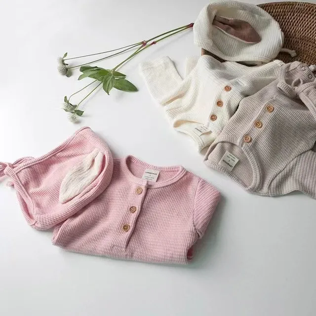 

Spring Autumn Boy Girl Baby Rabbit Ears Waffle Bodysuit Newborn Solid Casual Long Sleeve Onesie Infant Cotton Romper + Cap 2 Pcs