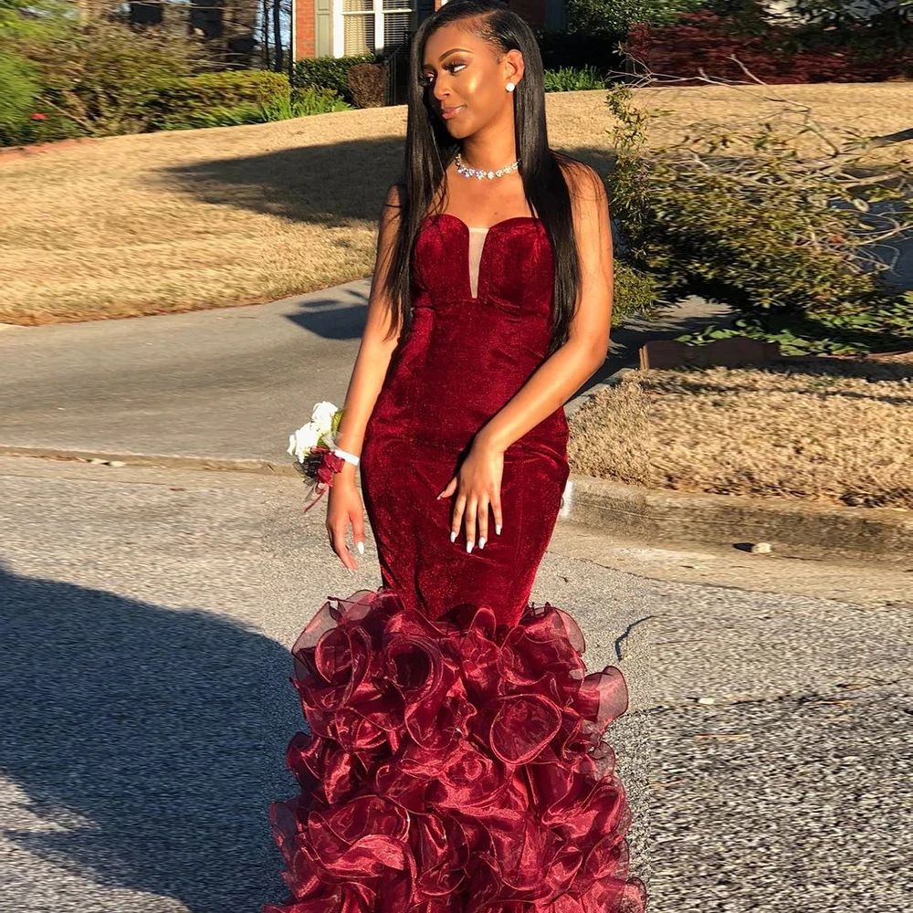 

Burgundy Velvet Prom Dress Fashion V Neck Mermaid Evening Dresses Long Sleeveless for Women Party Robes De Soirée Night Dress