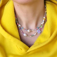 2022 new fashion women bohemian colorful flowers beads pearls splicing necklace women summer flower beads pearls choker necklace