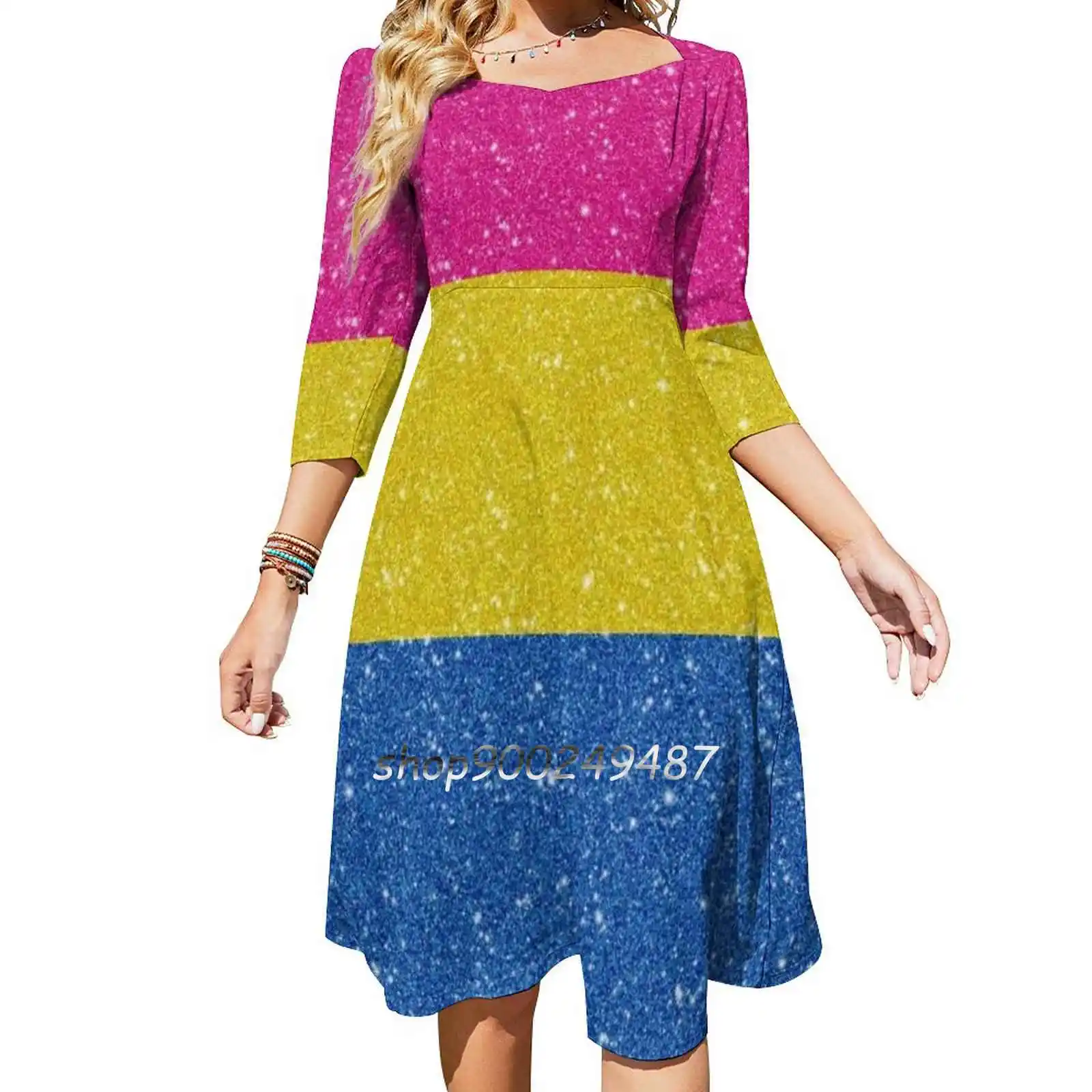 

Женское блестящее платье с принтом, Элегантное летнее платье с квадратным вырезом и лямкой на шее