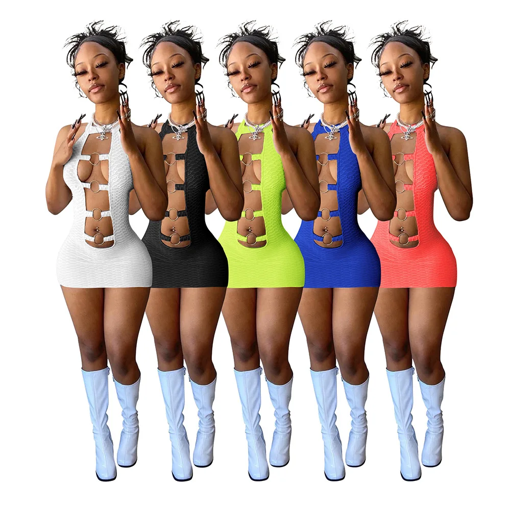 

2022 Sexy Women Mini Dress Hollow Out Solid Color Slim Bodycon Sleeveless Backless Party Night Clubwear Dresses For Women