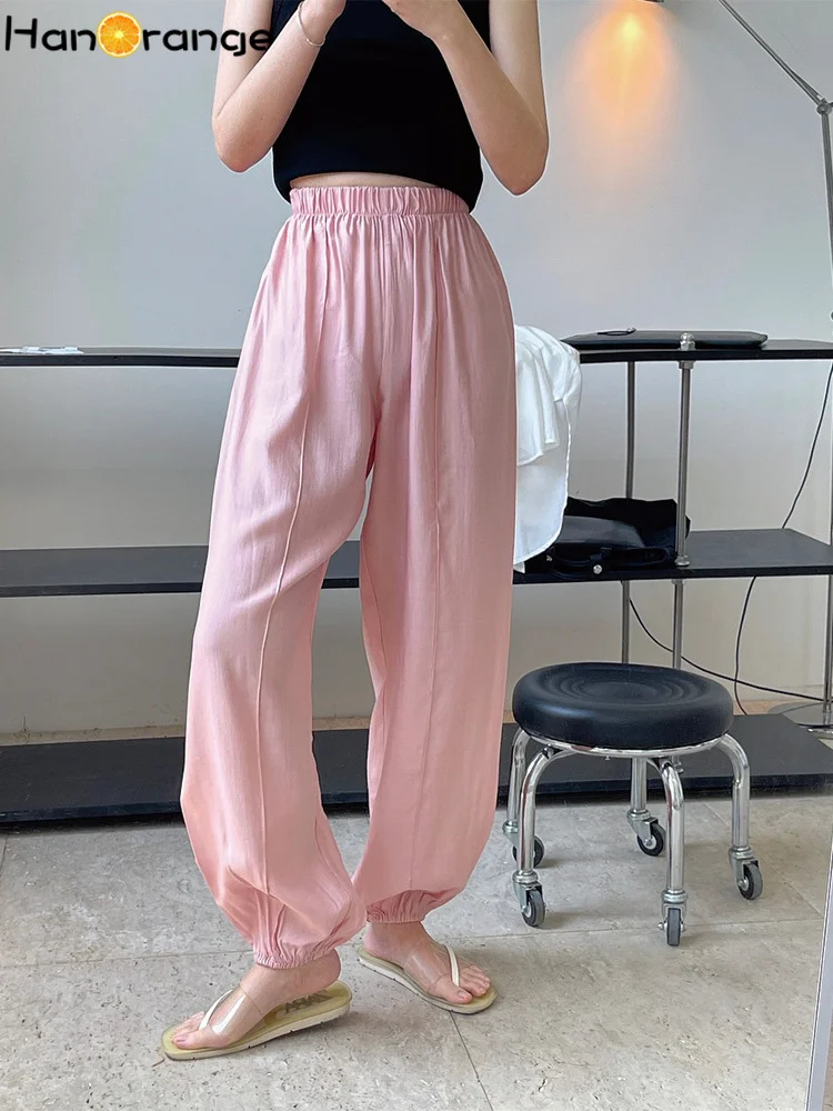 HanOrange 2022 Summer Lazy Light Perspective Elastic High Waist Pants Loose Thin Casual Trousers Female Green/Pink/Purple/Brown