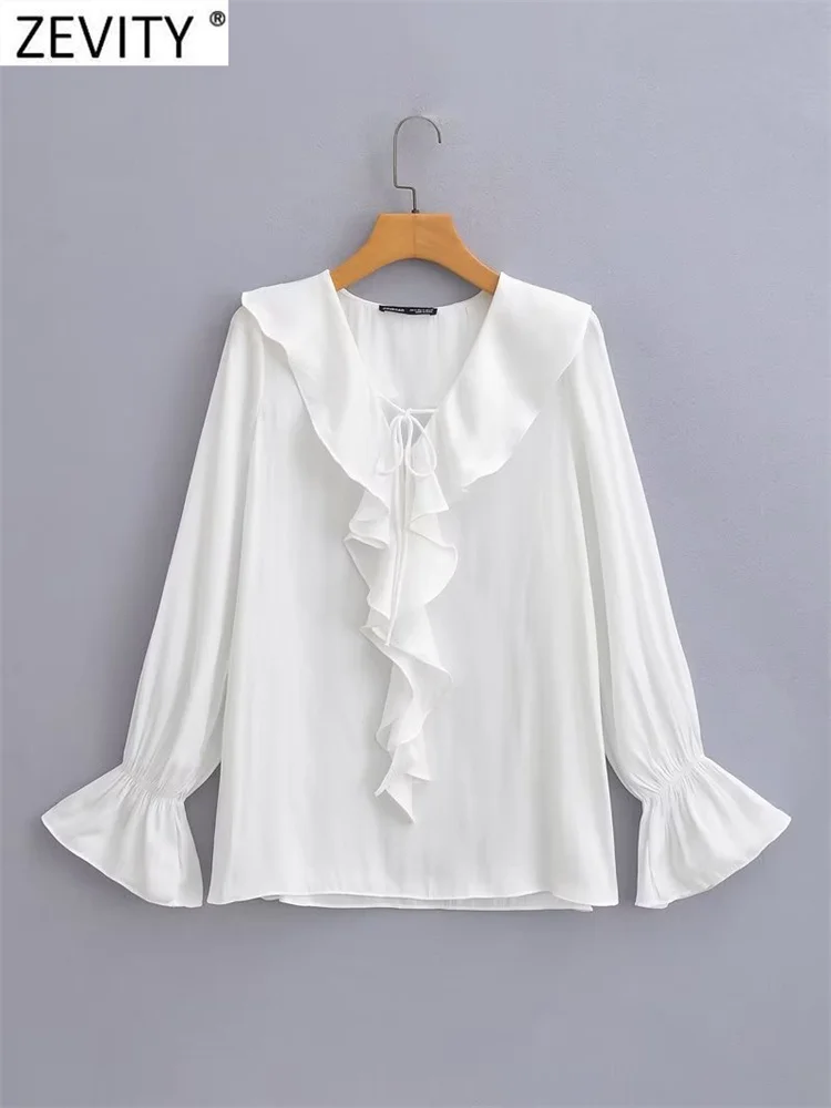 

Zevity Women Simply V Neck Cascading Ruffles White Smock Blouse Office Lady Chic Elegant Long Sleeve Shirts Blusas Tops LS4832