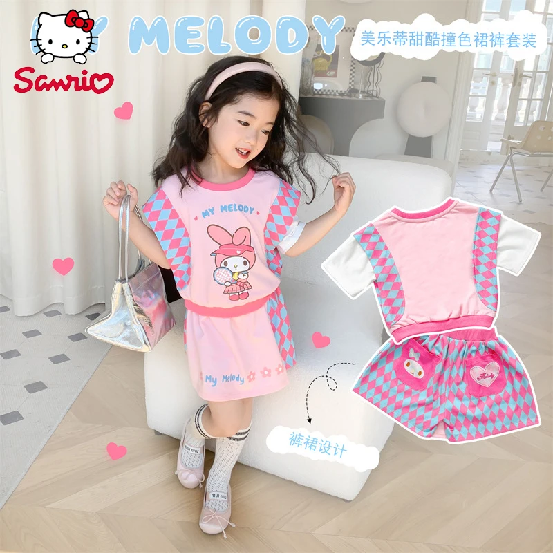 Cartoon Sanrio My Melody Sweet T-shirt Pantskirt Kawaii Printed Short Sleeved Top Short Skirt Two Piece Set Kids Gift