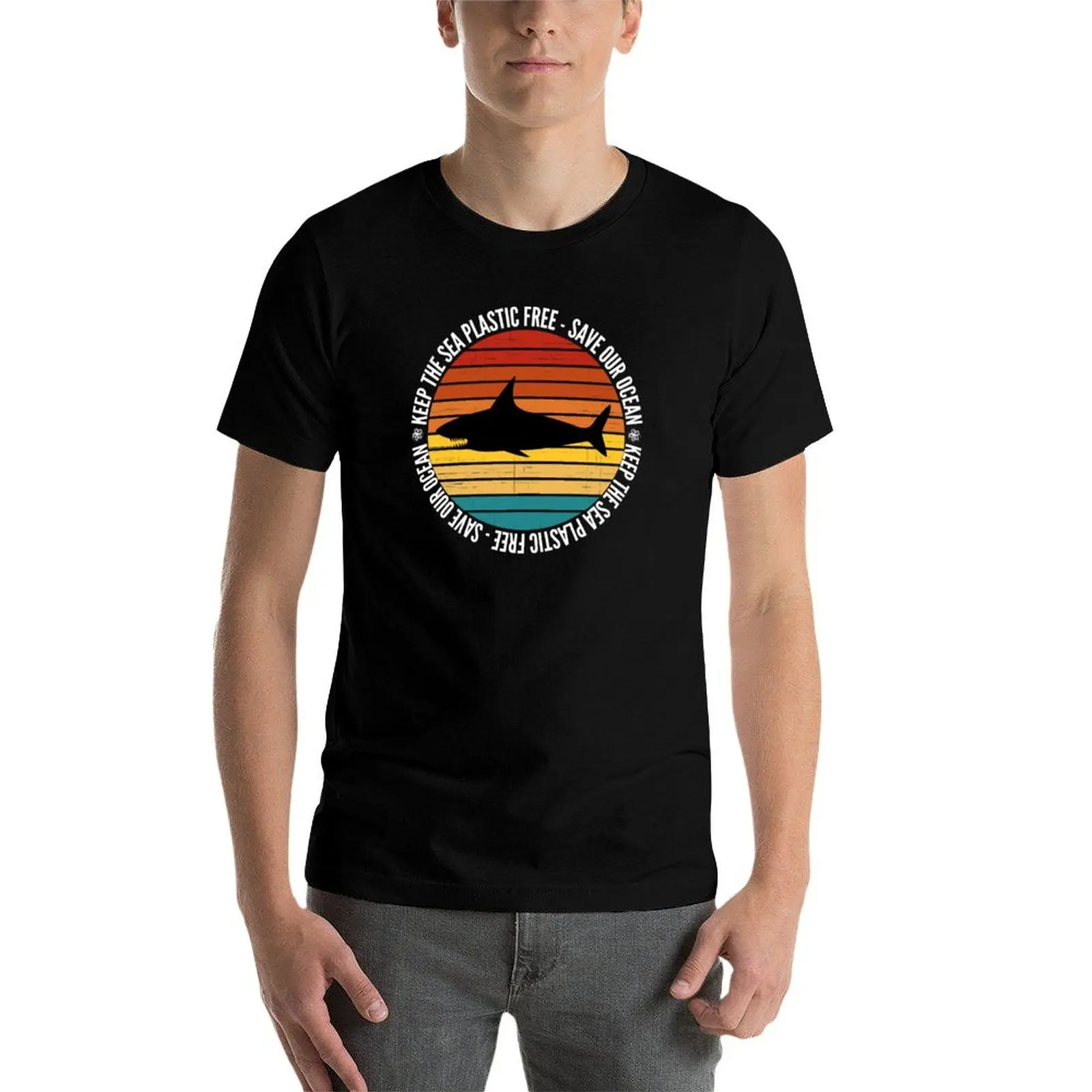 Фото Винтажная футболка в стиле ретро Sunset Shark - Save The Oceans, футболка с короткими рукавами для занятий спортом в тренажерном зале №4