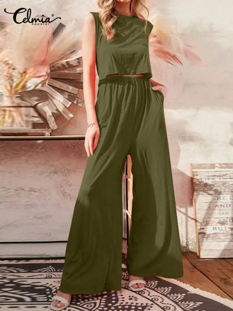 

Celmia 2022 повседневные брюки с широкими штанинами, костюмы для отдыха, Однотонный женский короткий топ и брюки, брюки, женские комплекты из 2 пр...