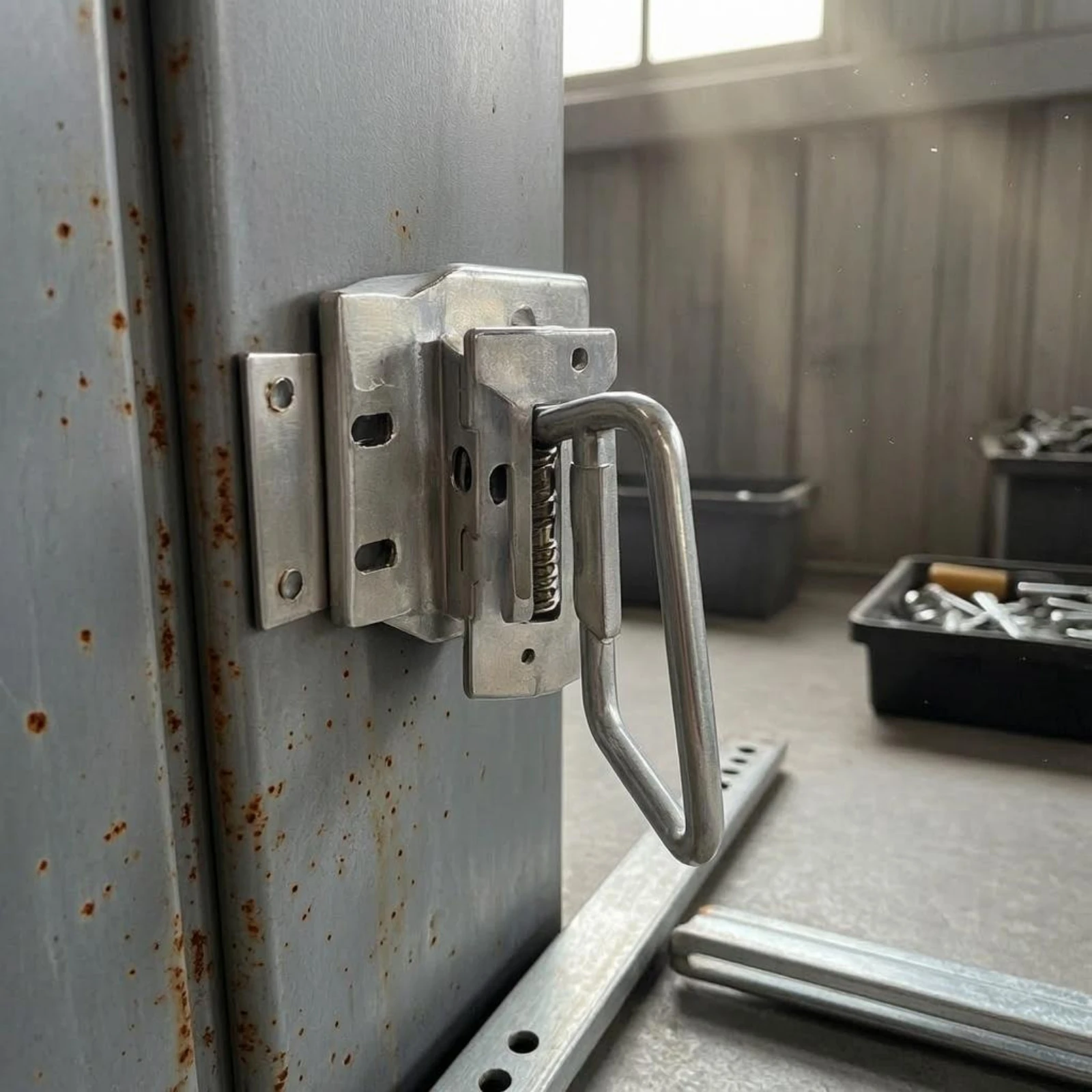 Фото Ручной металлический дверной замок с перфорированными монтажными отверстиями, оцинкованная стальная защелка, раздвижной замок для гаражных ворот, устойчивый к коррозии №4