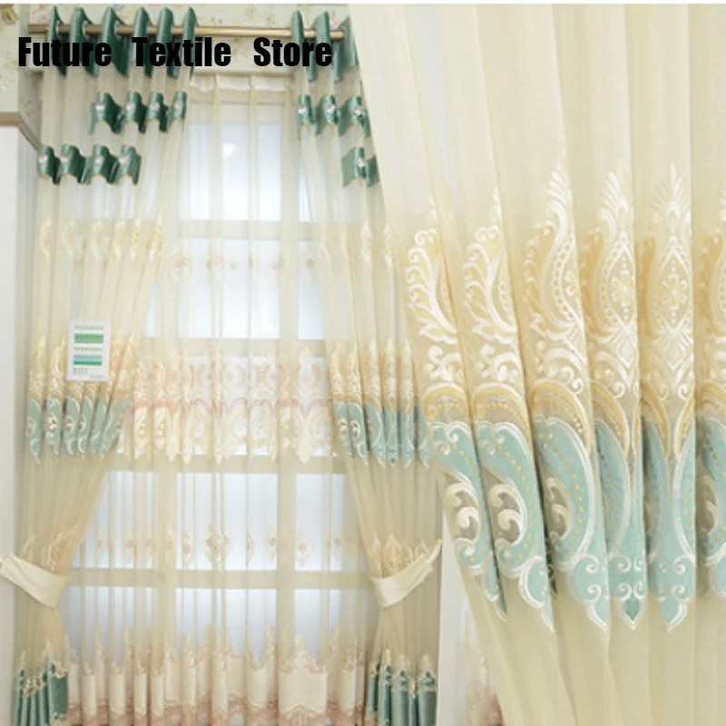 

2022 New Restaurant Living Room Study Room Custom Finished Curtain European Style Hollow Green Curtain Size Can Be Customized