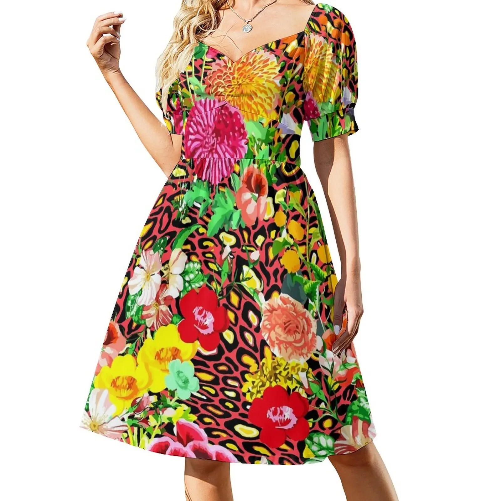 

Floral Leopard Dress Colorful Flower Print Festival Dresses Summer Aesthetic Casual Dress Custom Vestidos Big Size