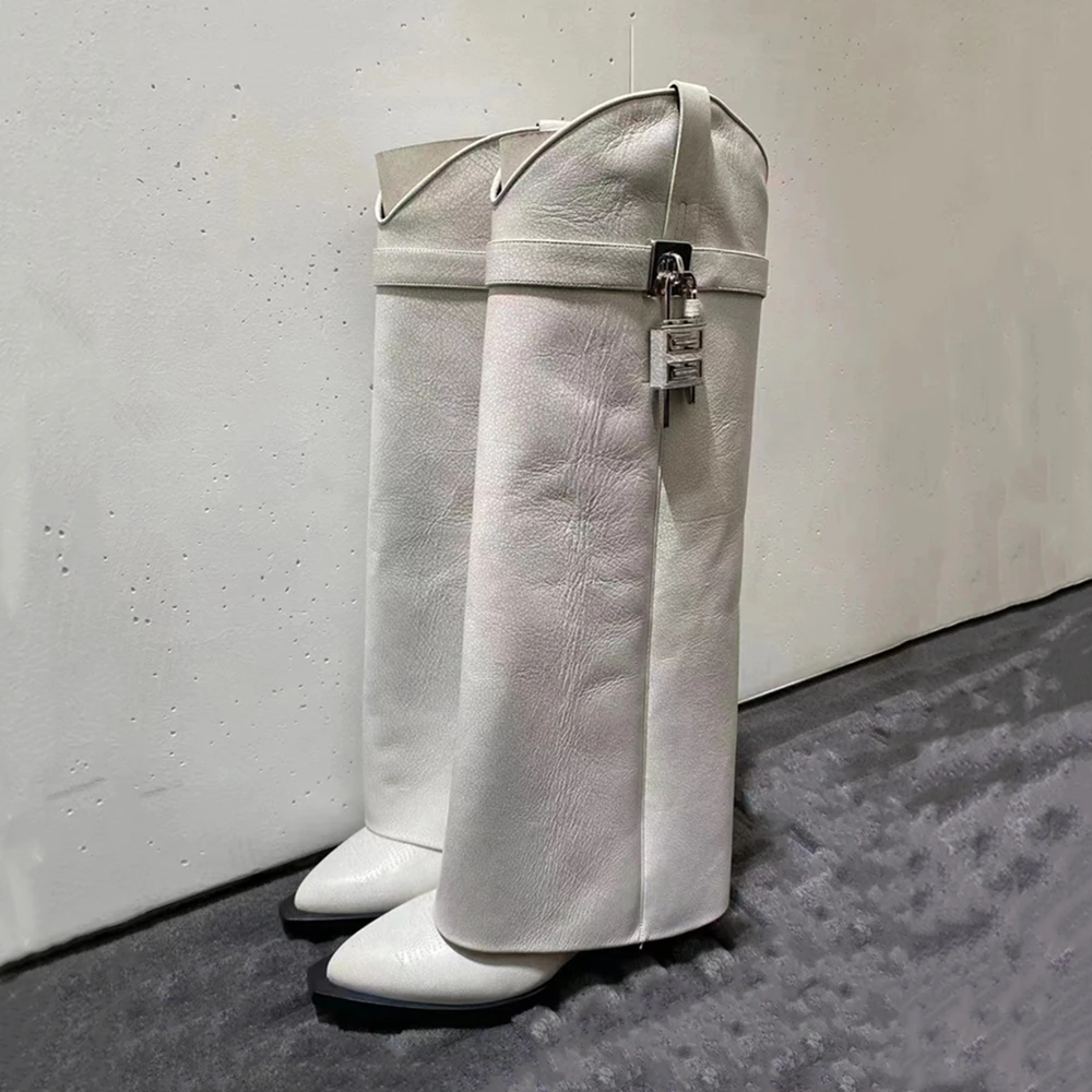 Women's Long Boots Wedge Heel Knee Length Boots Fashion Metal Lock Buckle Printed Totem Square Head High Heels Banquet Pumps