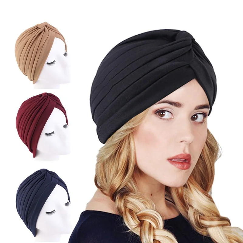 

New Indian Turban Women's Knotted Headbands Muslim Hijab Hat Stretchy Bandanas Cancer Chemo Cap Islamic Hair Loss Cover Beanie