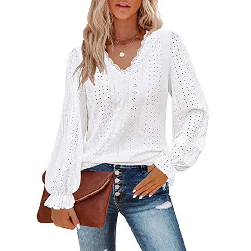 

Setiadia Autumn Women clothes long sleeves Solid color T-shirt Hollow Casual Pleated Sleeve tops For fashion woman clothing 2023