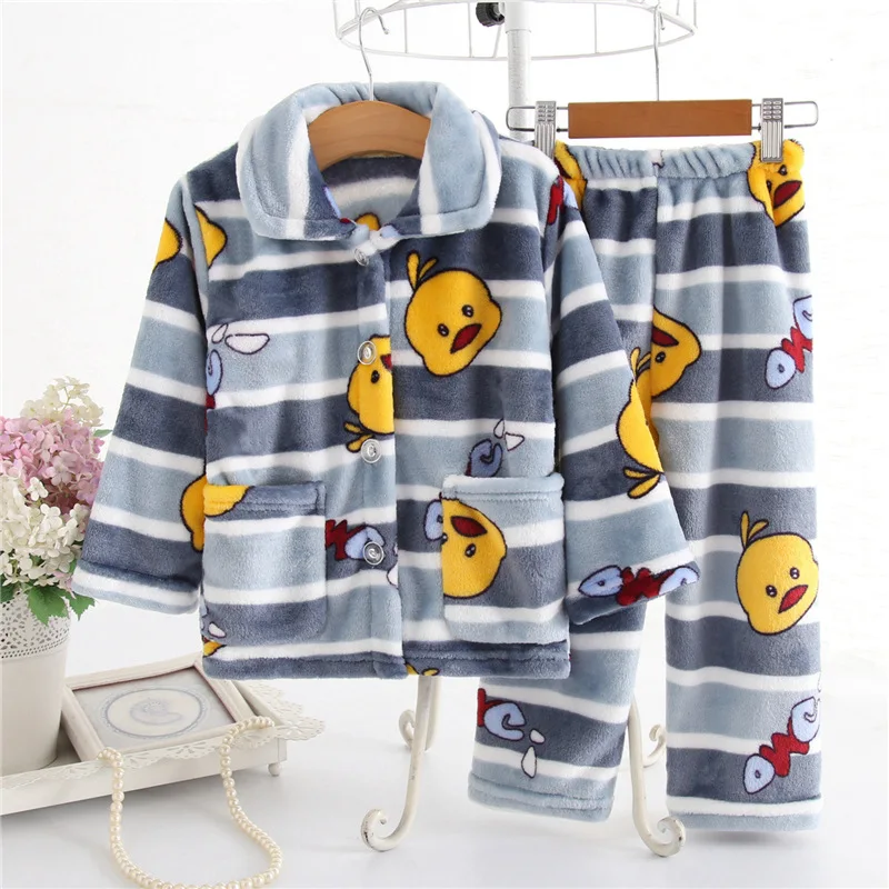 New 2022 Kids Flannel Pajama Sets Autumn Winter Boys Girls Warm Cartoon Long Sleeve Lapel Tops with Pants Sleeping Clothing Set