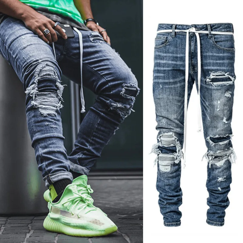 Men Jeans High Street Trend Personality Ripped Jeans Men's Slim Pencil Pants Full Length Denim Jeans Trousers