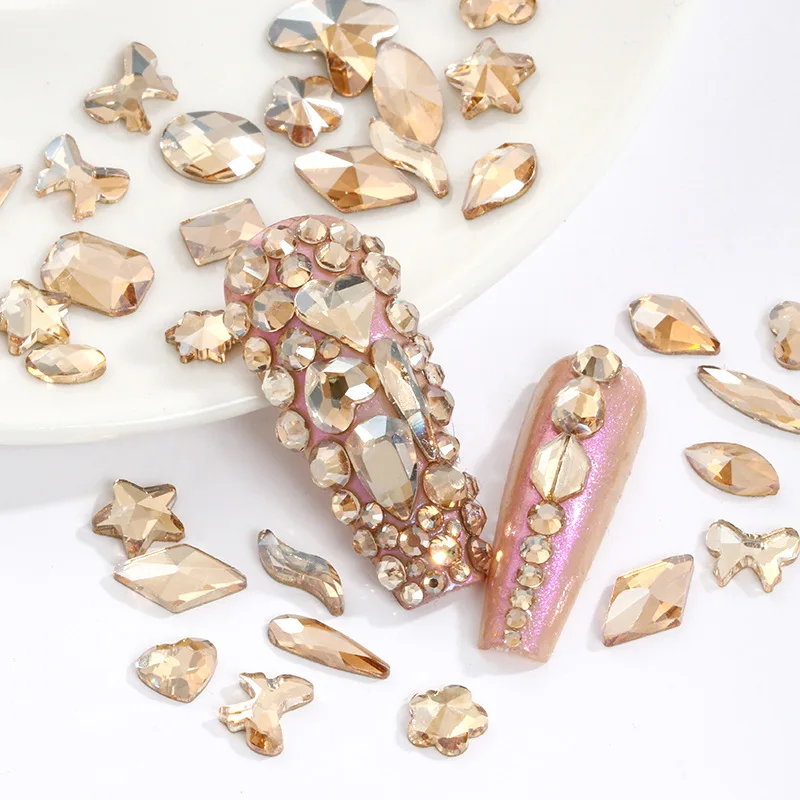 

50Pcs Champagne Nail Art Rhinestones Flatback Strass Shiny Glass Nail Stones Gems For 3D DIY Manicure Decorations